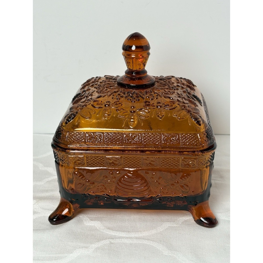 VTG Amber Splayed Feet Indiana Glass Tiara Honey Bee Box Candy Dish 70s READ